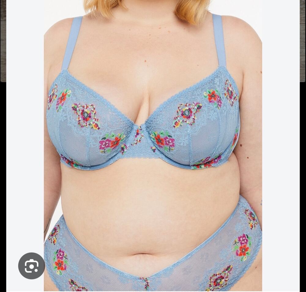 Savage X Fenty Sunchaser Lace Unlined Plunge Bra Blue Floral 36DDD